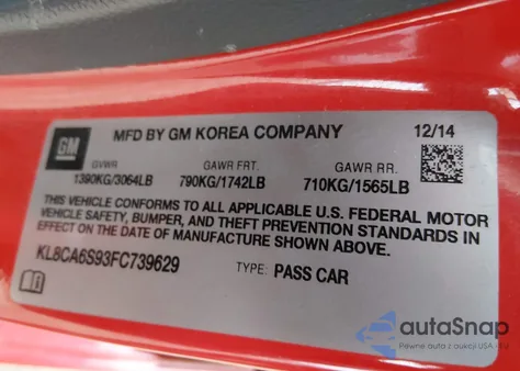 2015 Chevrolet Spark Ls Manual z USA, uszkodzony, nr VIN KL8CA6S93FC739629